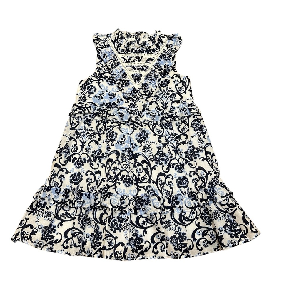Janie and Jack Girls Blue White Floral Ruffle Sundress Cotton Dress Size 6